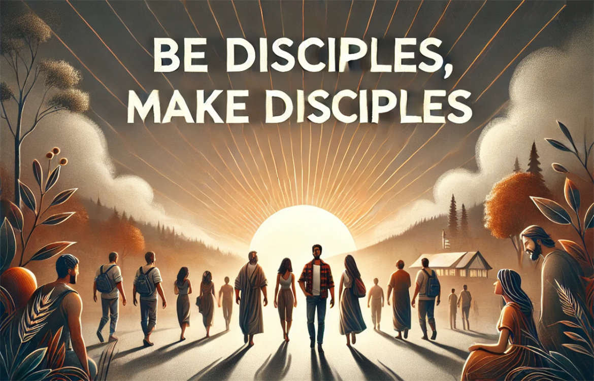 A diverse group of people walking together on a path at sunrise, symbolizing the journey of discipleship. The text 'Be Disciples, Make Disciples' is displayed prominently, representing spiritual growth and mentorship.