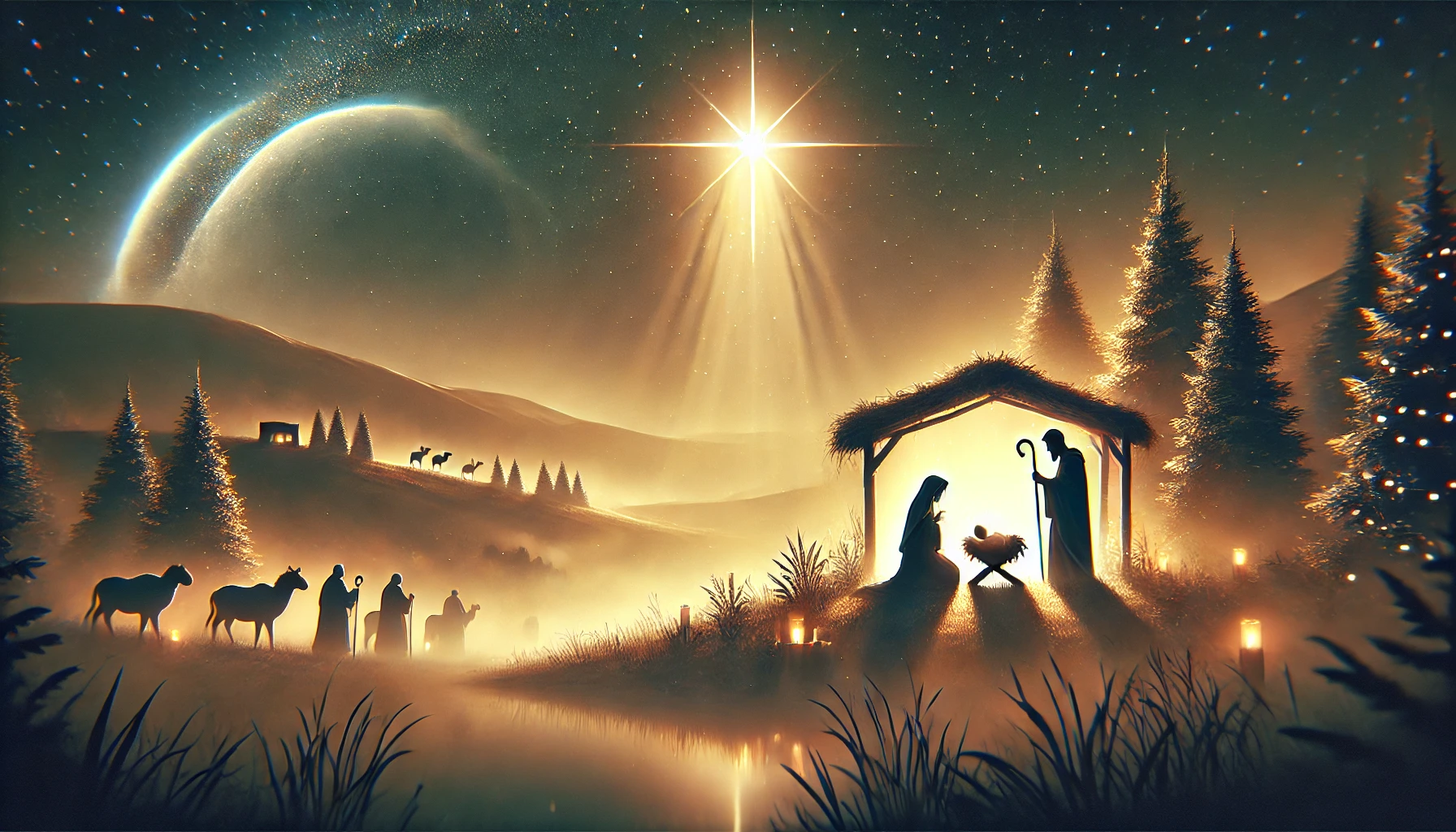 "A serene nativity scene featuring Mary, Joseph, and baby Jesus in a manger, illuminated by a soft divine light. The Star of Bethlehem shines brightly in the starry night sky, with silhouettes of shepherds and wise men approaching in the distance. The image conveys warmth, reverence, and the anticipation of the Advent season.